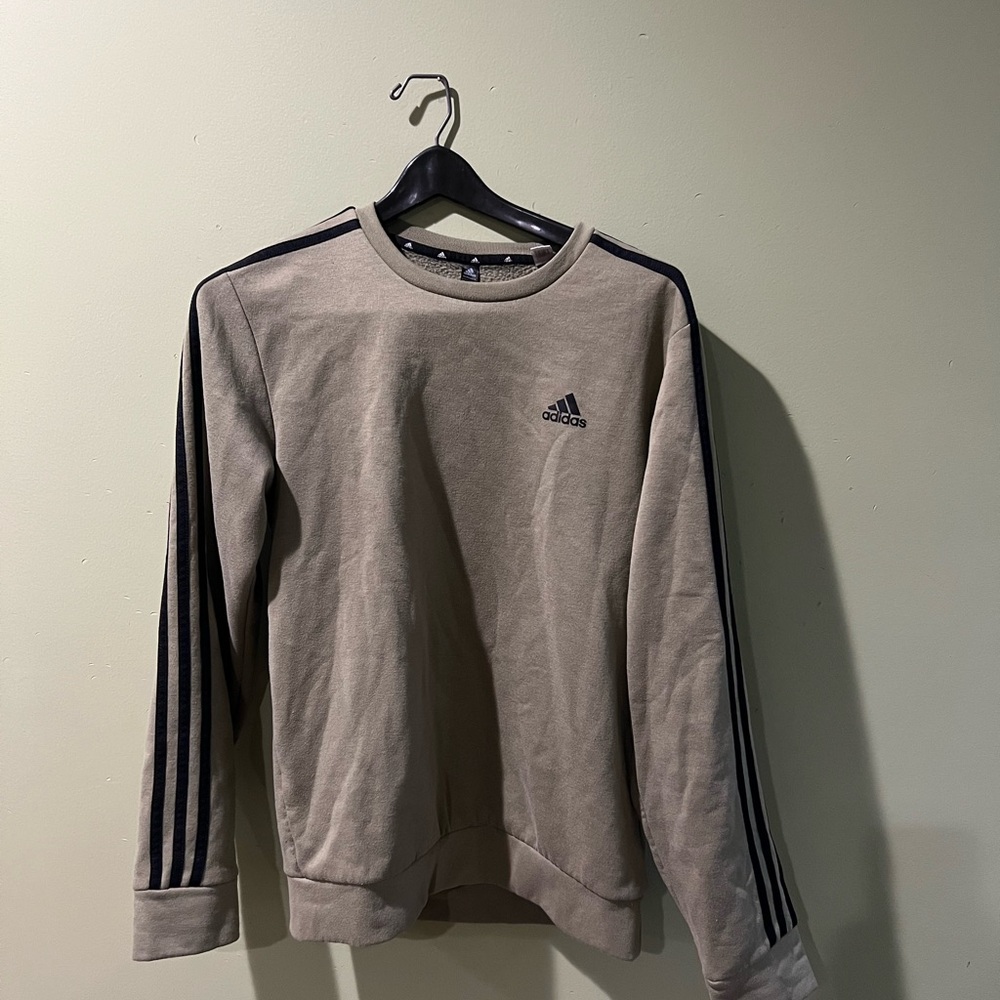 Adidas Men's Beige Crewneck Sweater with Black Stripes